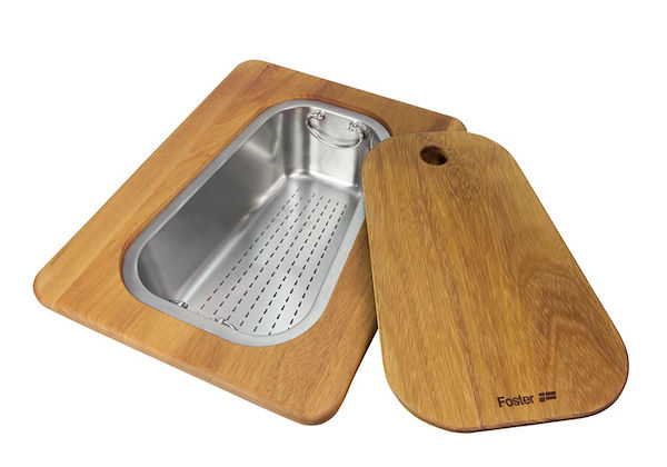 Iroko-wood chopping board with stainless steel colander